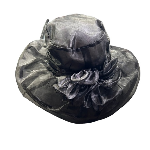 Accessories - DERBY HAT black floral large brim organza church derby hat NWOT